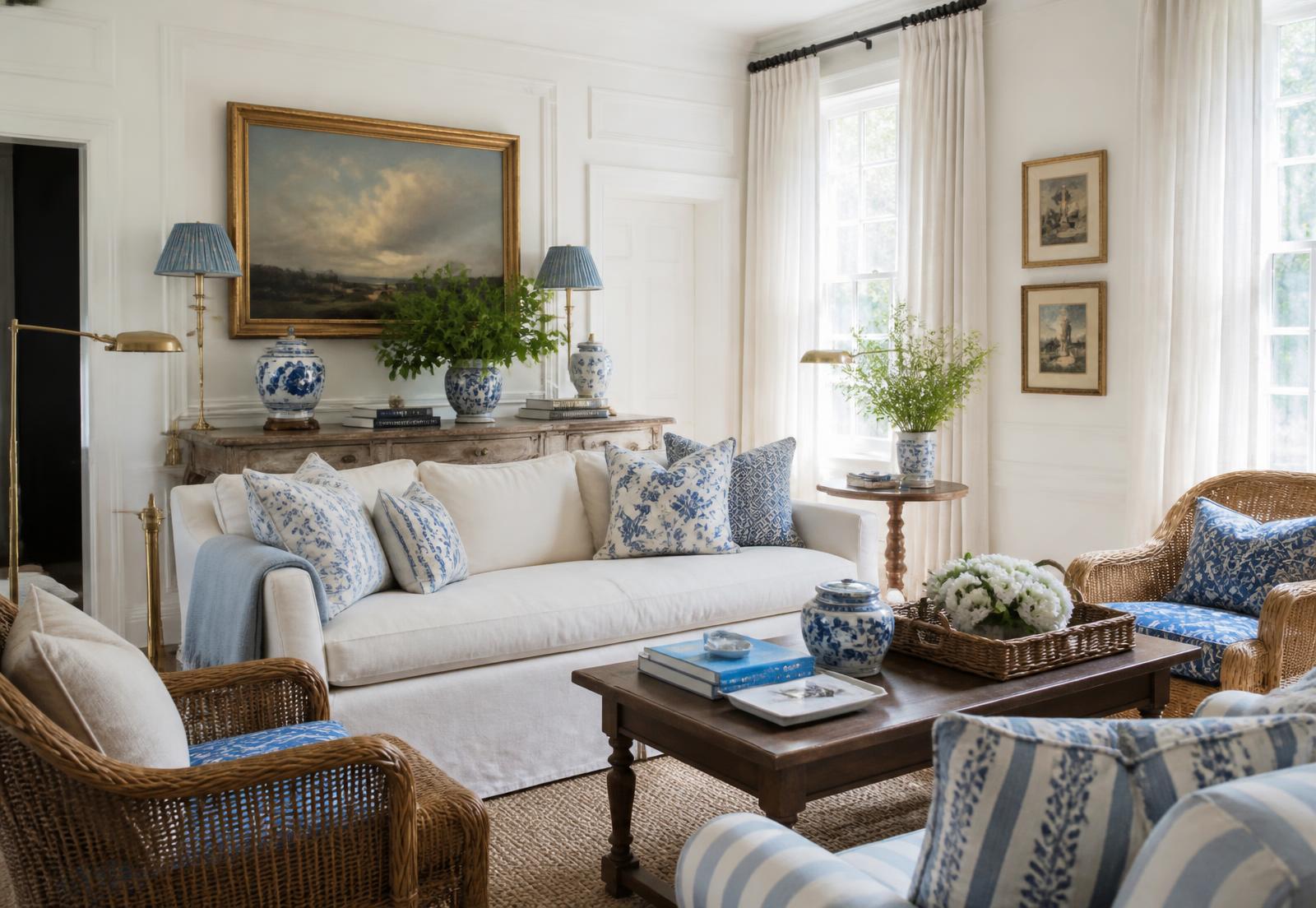 Classic living room with white millwork, a linen sofa, and blue and white porcelain
