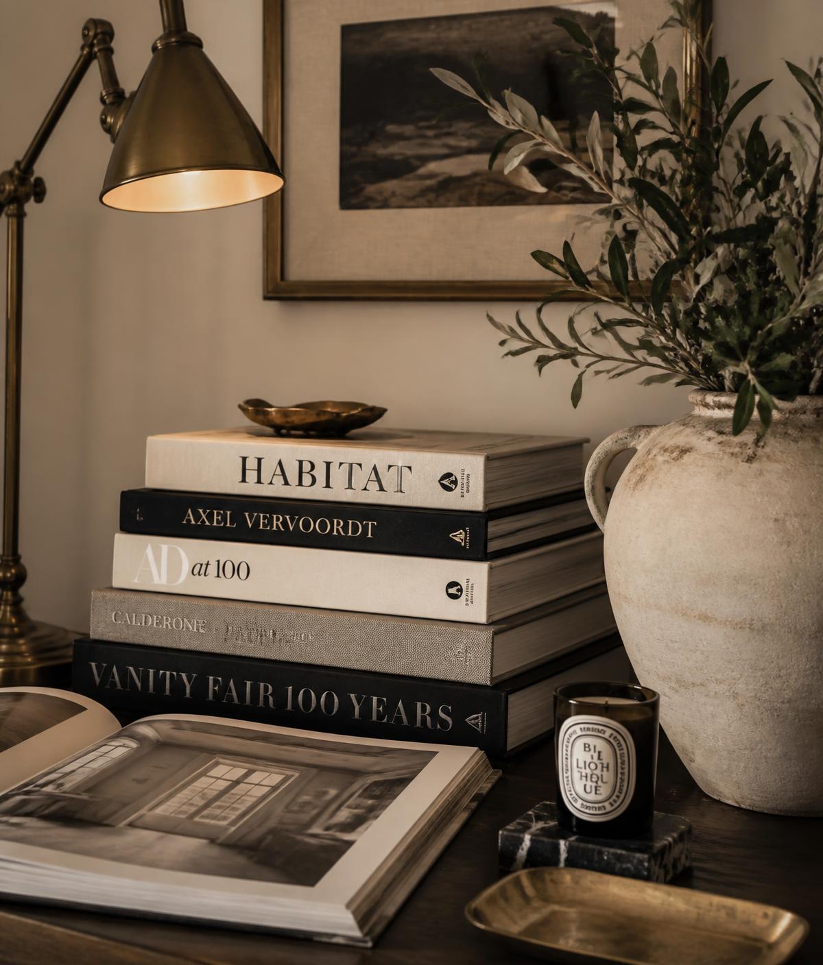 Designer's desk with a brass lamp, stacked design books, and olive branches